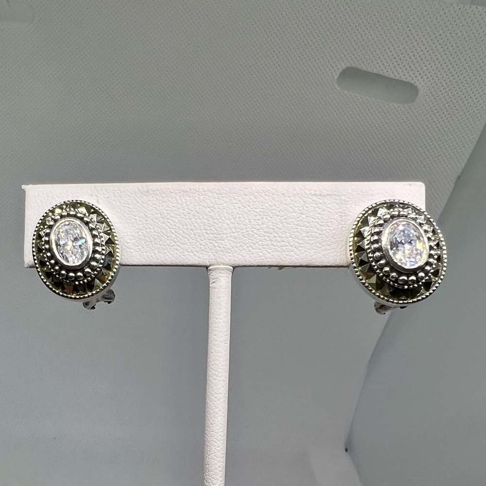 Judith Jack Earrings Clear Crystal & Marcasites, Sterling Lever Back Closure - Picture 3 of 9
